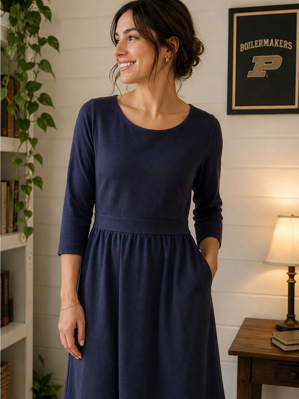 Boden Navy Blue Textured Fit & Flare Dress 3/4 Sleeve Women’s Size 8